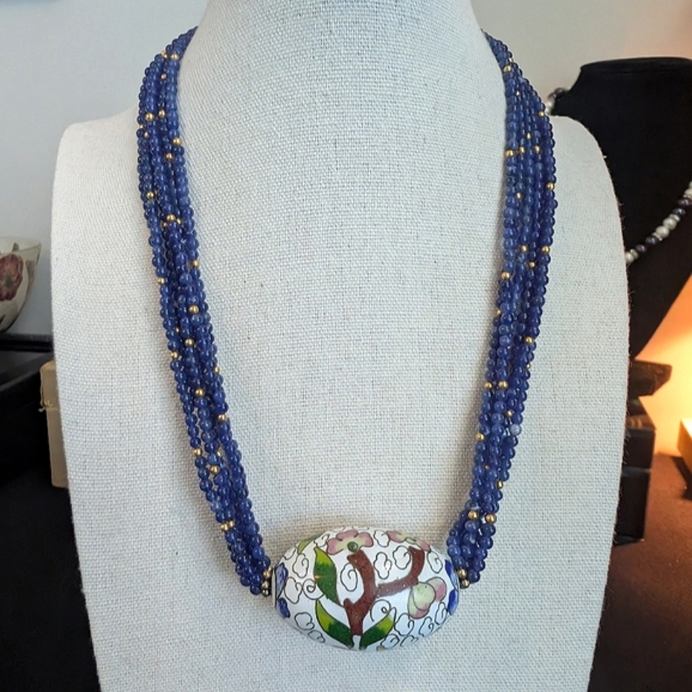 Vintage Lapis, Cloisonne, & 925 Sterling Silver Gemstone Statement Necklace